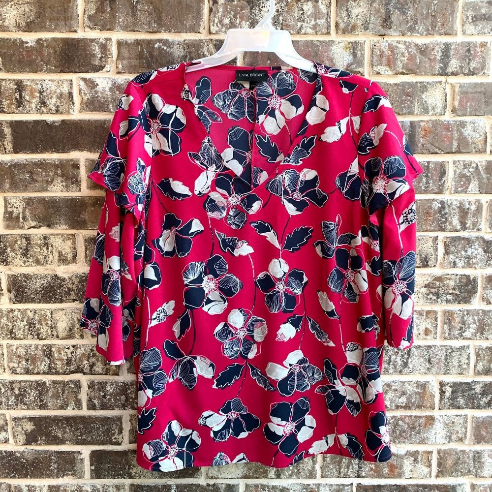 Lane Bryant Womens V-neck Flare Sleeves Top Blouse